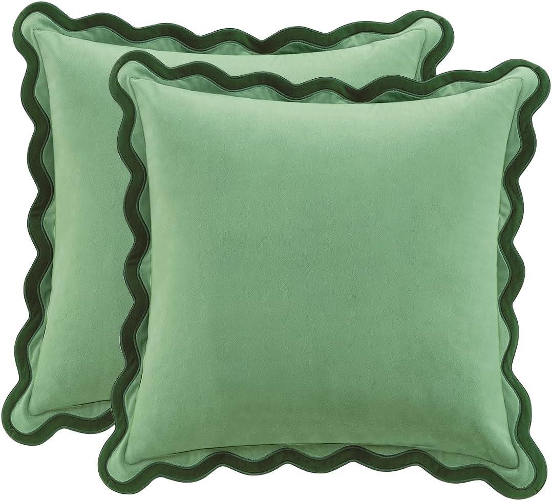 MONDAY MOOSE Decorative Throw Pillow Covers Cushion Cases, Set of 2 Soft Velvet Scalloped Wavy Edge Designs, Mix and Match for Home Decor, Pillow Inserts Not Included (Green/Light Green, 20x20 inch)  