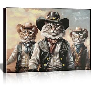 DRLWGTY Framed Canvas Wall Art, Cat in Western Cowboy Outfit, Hand-Embellished with Glitter,Abstract Animal Large Poster for Bedroom, Living Room Wall Decor, Ready to Hang (Cat, 28 * 40 in, Framed)