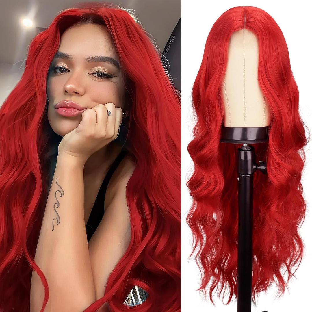 WERD Red Wig for Women 26 Inch Long Wavy Wigs Red Middle Part Cosplay Natural Looking Heat Resistant Synthetic Fiber Wig for Daily Party Costume Use
