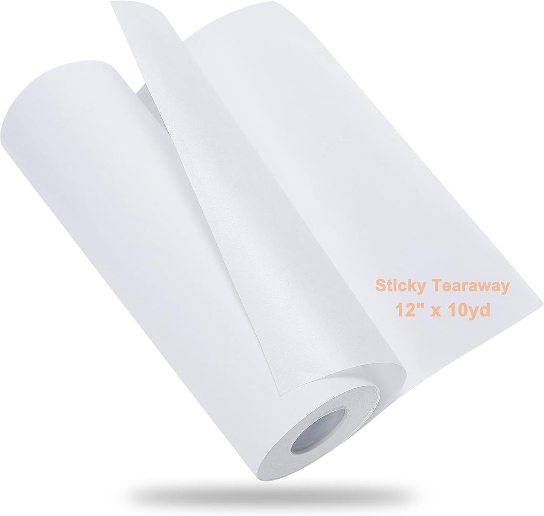 New brothread Sticky Self-Adhesive Tear Away Embroidery Stabilizer Backing 12" x 10 Yd roll - Medium Weight for Napped Fabric & Hoop Less Embroidery