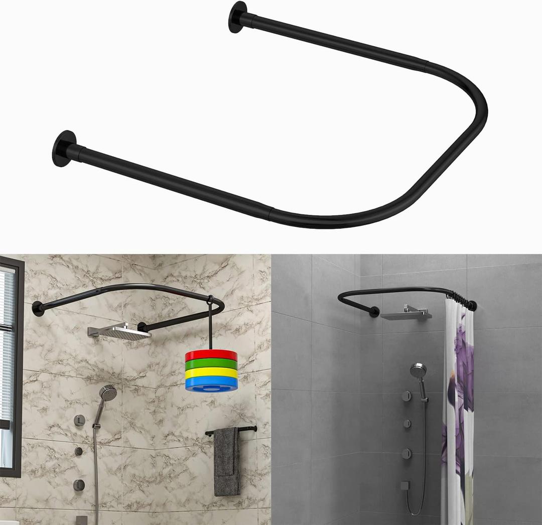 U Shower Curtain Rod Adjustable Stainless Steel U Shaped Rack Drill Free Install for Bathroom, Bathtub, Clothing Store (Black U Shaped, Length on both sides:31.5"-47",Middle width:34.7"-43")