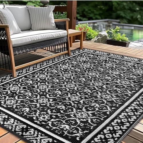 Outdoor Patio Plastic Straw Rug - 5x8 ft Outdoor Camping Rug Waterproof Reversible, Area Carpet Patios Clearance RV, Outside Porch Balcony Deck for Camper, Classic & Black