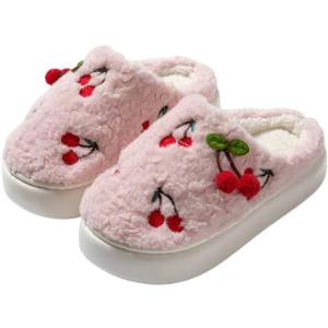 Cherry Slippers For Women Men Cozy Winter Warm Fuzzy Slippers House Slides Shoes Non Slip Cozy Home Bedroom Shoe (Pink)