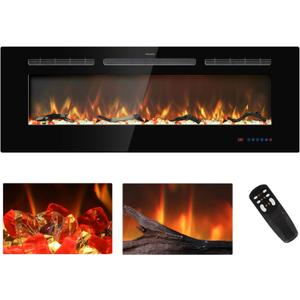 Kentsky 48 inches Electric Fireplace Inserts, Recessed and Wall Mounted Fireplace Heater, Linear Fireplace w/Thermostat, Remote & Touch Screen, Multicolor Flame, Timer, Log & Crystal, 750W/1500W (Black)