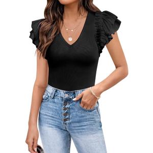 DOROSE Womens Summer Tops Sexy V Neck Casual Ruffle Short Sleeve Shirts Blouses (XXLarge, Black)