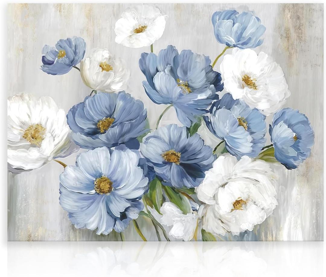 Dazzlewall Blue White Floral Wall Art, Modern Flower Canvas Wall Decor Painting for Living Room Bathroom Bedroom 12x16 in Unframed