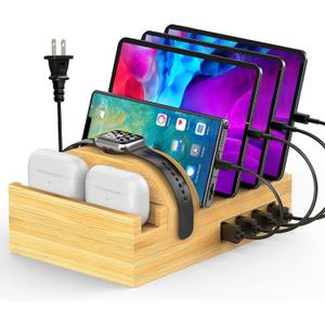 Bamboo Charging Station for Multiple Devices, Alltripal Wood Desktop Docking Station 7-Port Multi-Charger Organizer Fast USB Charger Compatible with iPhone, iPad, AirPods, iWatch, Cell Phone, Tablet
