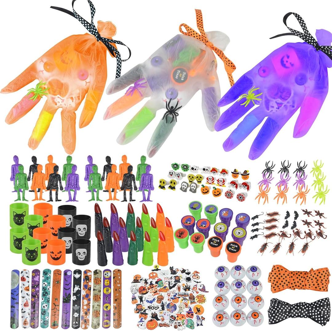 296PCS Halloween Party Favors Gloves, 24Sets Purple Orange White Gloves Stuffed Bulk Non-Candy Halloween Goodie Bags Fillers Trick or Treat Bag for Halloween Party Supplies Birthday Classroom Gifts