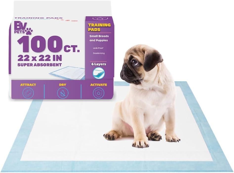 BV Puppy Pads Leak-Proof 100 Count 22"x 22" - Absorbent Pee Pads for Dogs with 6-Layer Design, Rapid Dry Sheet & Built-in Attractant - Dog Pad with Odor Control, Perfect for Puppies & Senior Dogs, BBD: 10/13/2029