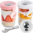 Overnight Oats Containers with Lids Folding Spoons and Silicone Handle Small Glass 16oz Mason Jars for Oatmeal Yogurt Parfait 2 Pack (Pink and white)