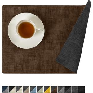Romanstile Reversible Vinyl Placemats Set of 6, Faux Leather 100% Waterproof Oil-Proof Wipeable Place Mats, Heat Resistant Dual Sided Table Mats for Kitchen/Dining/Party (Grey Brown, 12 x 17 Inch)