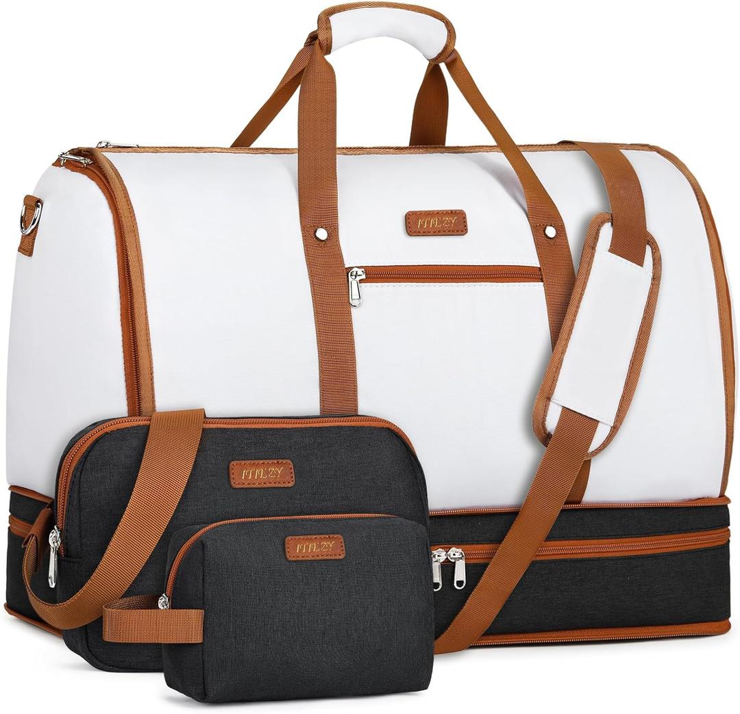 Garment Duffle Bag for Travel - Convertible Carry on Garments Duffel Bags Travel Bag for Women Men Large Weekender Bag with Shoes Compartment 3 in 1 Hanging Clothes Suit Dress Bag 3pcs Set (N01-Off White&Black)