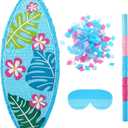 23 Inch Blue Surfboard Piata with Stick Blindfold Confetti, Hawaii Beach Theme Surfboard Piata Red Frangipani Palm Leaves Patterned for Summer Luau Birthday Party Decorations