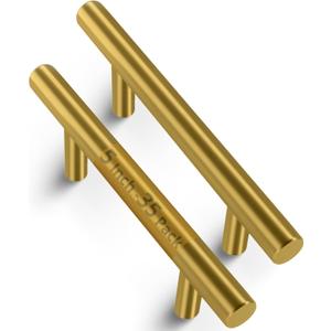 Mega Handles 35 Pack I Cabinet Pulls 5 Inch, Stainless Steel Cabinet Handle Pulls I Ideal for Kitchen Drawer, Cabinets, Door, Cupboard I Hardware for Cabinets - Hole Distance 3 Inch - Satin Brass