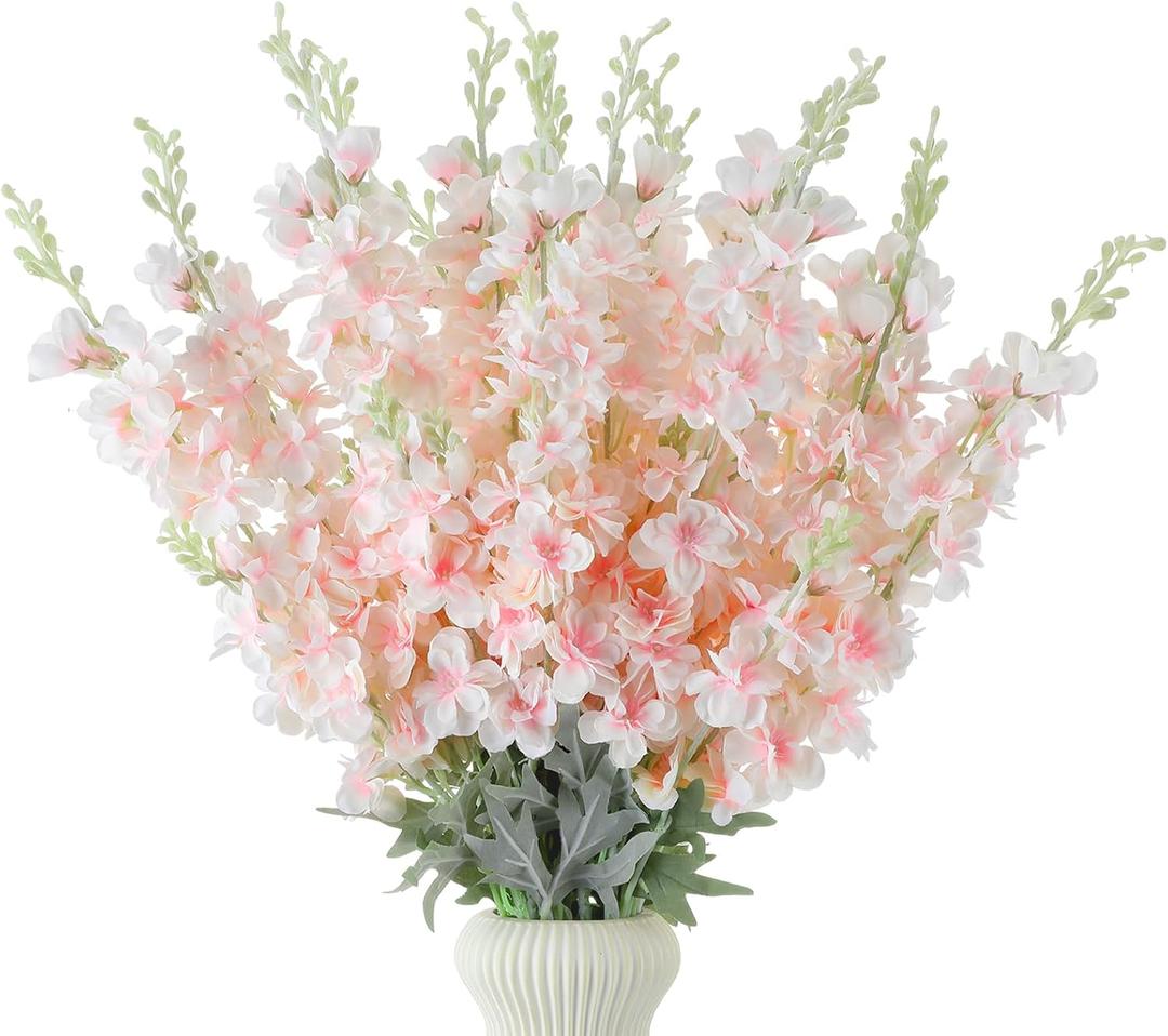 Thiccywoov 24 Pcs Delphinium Artificial Flower 35.4'' Long Larkspur Stem Silk Fake Faux Flowers Bulk for Tall Vase Floral Arrangements Home Centerpiece Table Wedding Decor (Pink)