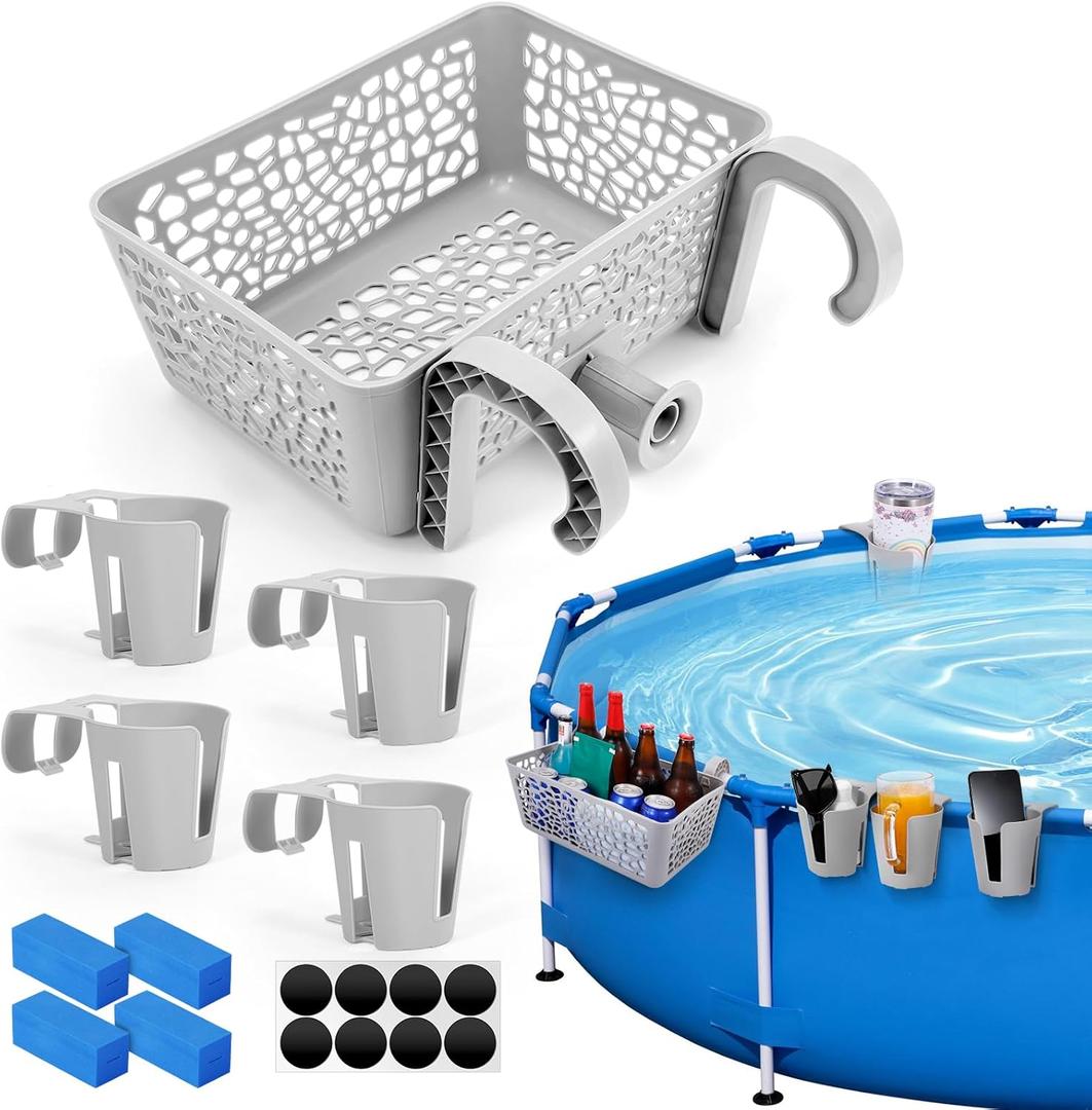 Poolside Storage Basket with 4 Pool Cup Holders, Above Ground Pool Accessories, Fit Above Pools with 2.5 or Less Round Top Bar, Thickened Swimming Poolside Basket with 2025 Upgrade Support Bar