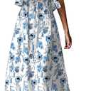 ZMPSIISA Women's Summer Off The Shoulder Maxi Dress Ruffle Strapless Blue White Porcelain Boho Casual Loose Long Dresses, Small