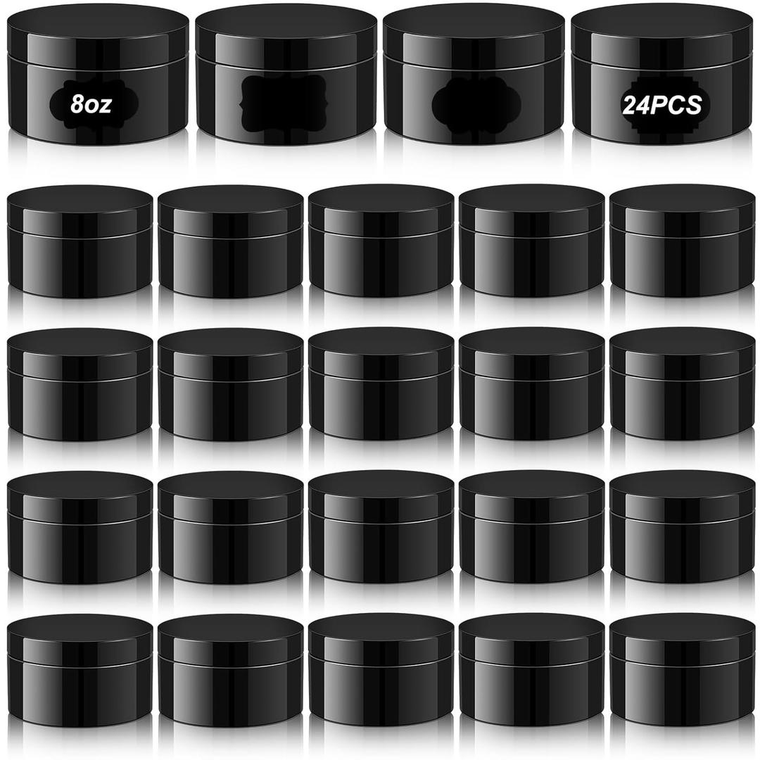 Dandat 24 Pcs Plastic Jars with Lid and Label PET Cosmetic Loose Powder Containers Leak Proof Empty Cosmetic Jars Refillable Travel Containers for Lotion Cream Powder(8 oz,Black)