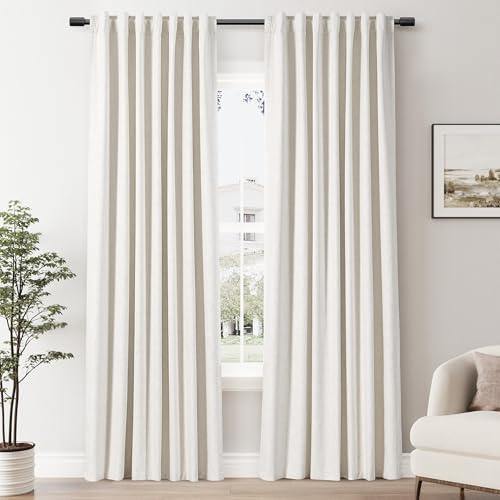 SPWIY 100% Blackout Linen Curtains 84 inches Long 2 Panels for Bedroom Natural Cream Ivory Back Tab Rod Pocket Curtain Boho Neutral Thermal Insulated Room Darkening Window Drapes for Living Room