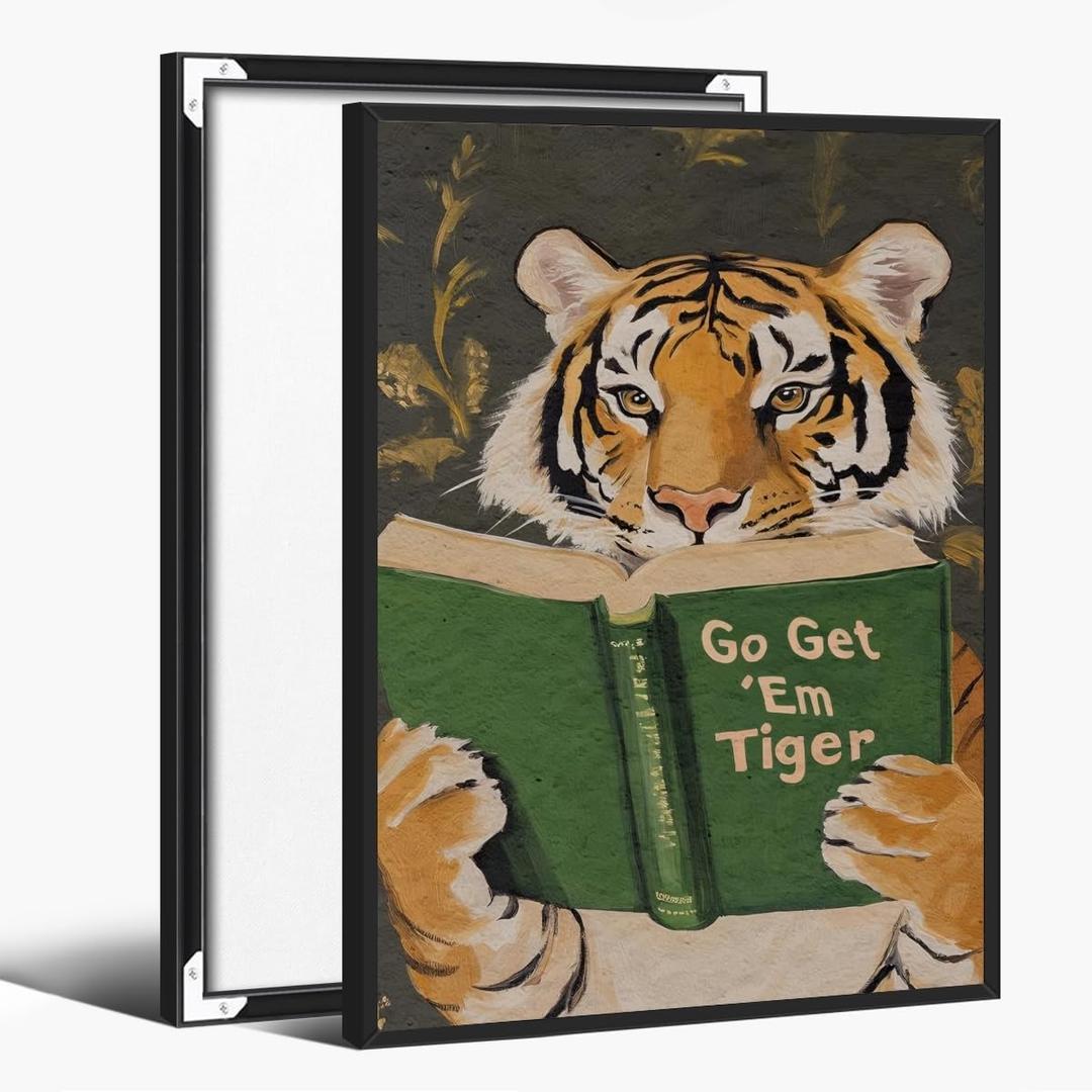Motivational Tiger Reading Wall Art Canvas Prints Humorous Bookworm whimsical Animal Posters Playful Modern Artwork for Study Library Office Decor 12x16inch Black Aluminum Frame (12L" x 16W")