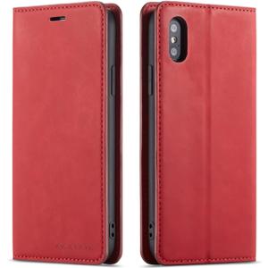 QLTYPRI for iPhone X iPhone Xs Case, Premium PU Leather Cover TPU Bumper with Card Holder Kickstand Hidden Magnetic Adsorption Shockproof Flip Wallet Case for iPhone X iPhone Xs (5.8 inch) - Red