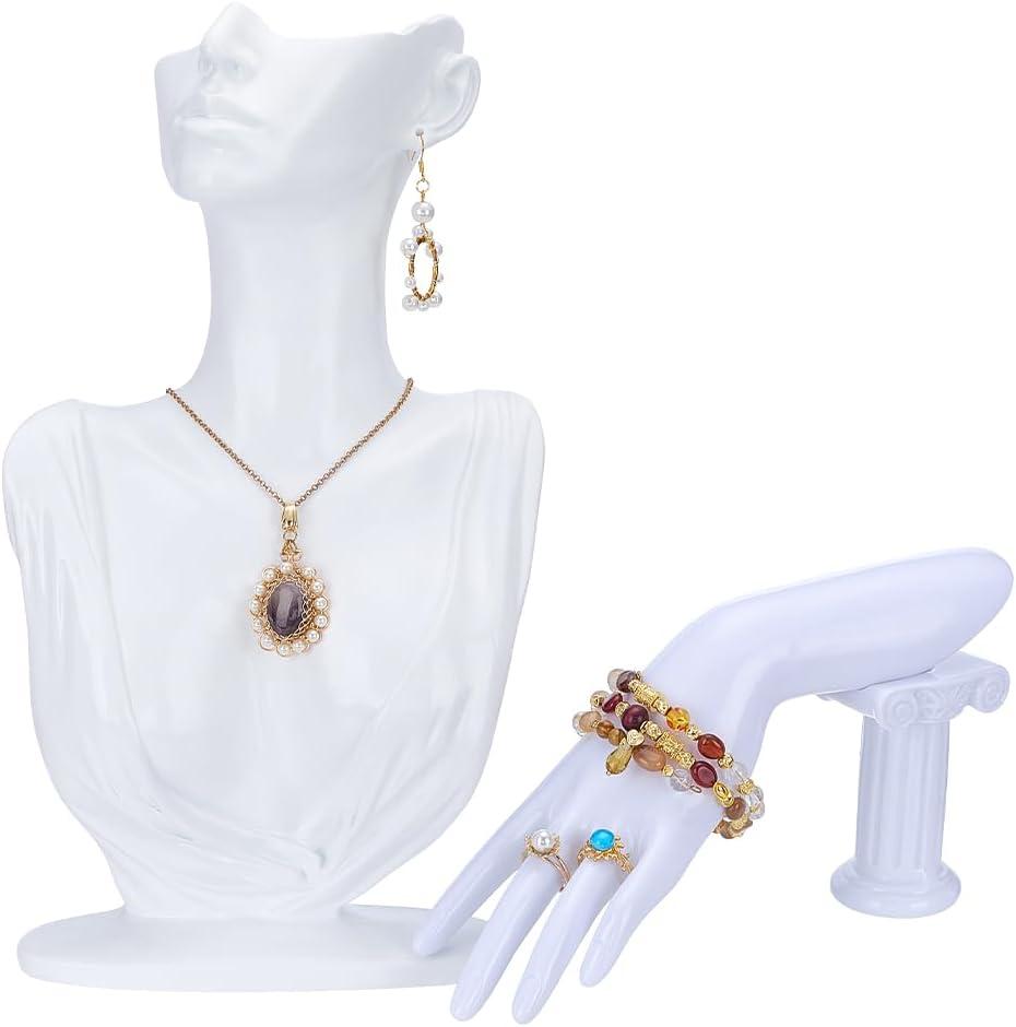 UNICRAFTALE 2pcs Jewelry Mannequin Displays Set White Resin Side Body Model Bust Shaped Jewelrys Necklace Display Stands and Mannequin Hand Bracelet Necklace Ring Display Stand for Jewelry Displays
