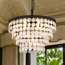 Wellmet Modern Coastal Black Pendant Light, Natural Capiz Shell Chandelier, 7-Light Vintage Lighting Fixture, for Dining Room, Living Room, Hallway, Entryway, Kitchen, Bedroom