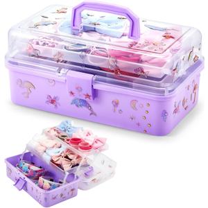 Ziliny Hair Accessories Organizer for Girls 13 in Hair Box Bin Organizer Plastic 3 Layer Containers Storage Box with Handle Sticker Fold Tray (Accessories Not Included)(Purple)