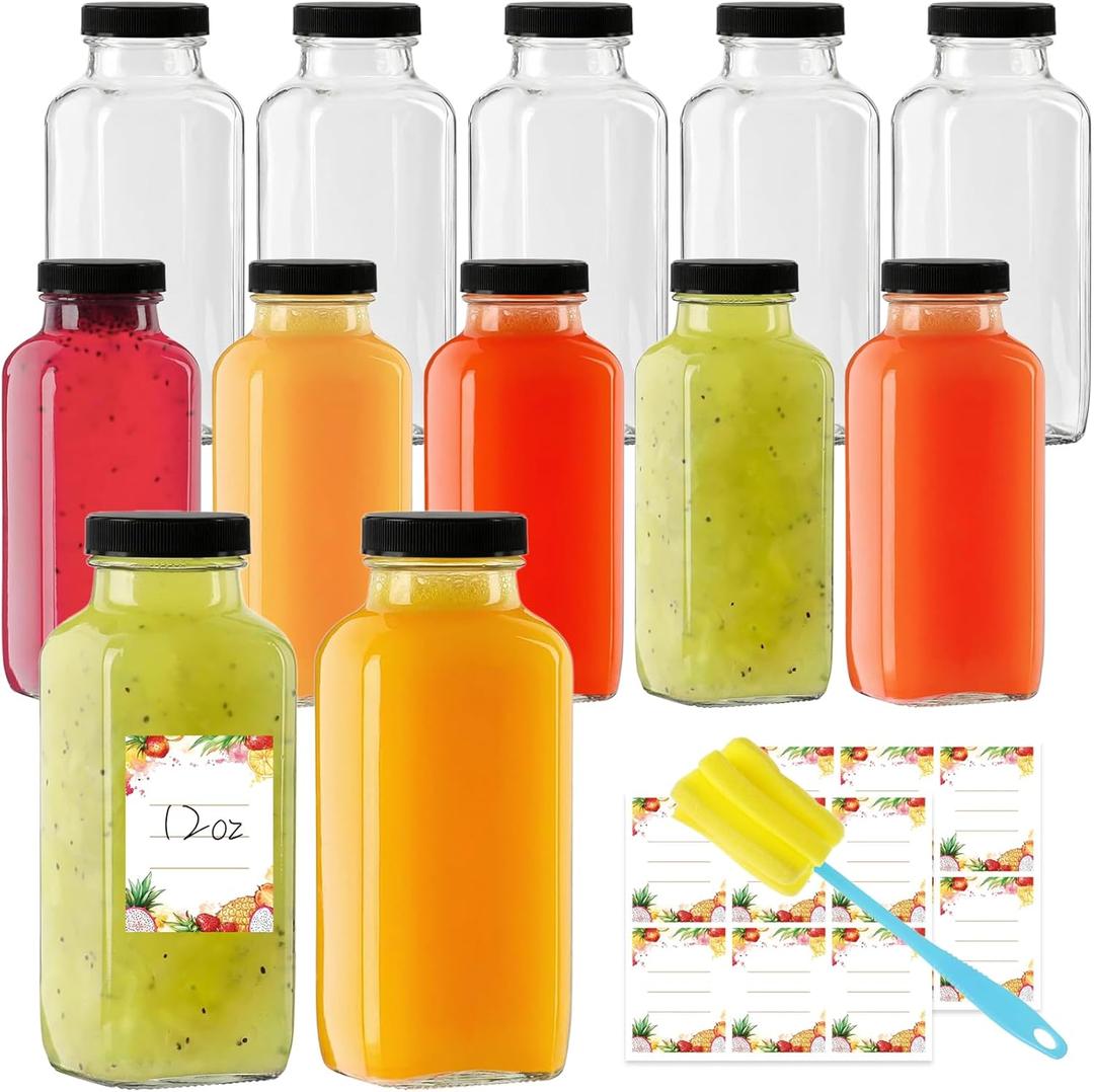 12 oz Glass Juice Bottles with Lids 12-Pack - Reusable Kombucha Bottles & Green Drink Jars with Leakproof Caps