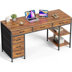 Huuger Computer Desk with 6 Drawers, Office Desk with Shelves, Reversible Gaming Desk, Corner Desk with Storage, Work for Home Office, Study, Living Room, 54inch, Rustic Brown