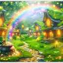 7x5ft Fabric St. Patrick's Day Backdrop Glitter Lucky Irish Shamrock Gold Coins Rainbow Forest House Photography Background Festival Party Decor Photo Props