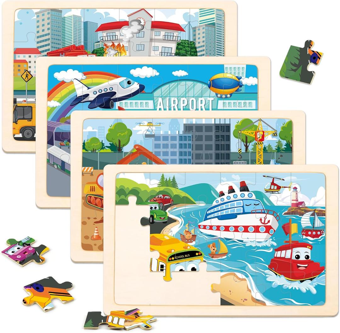 Wooden Puzzles for Kids Ages 3-5, 4 Packs Puzzles for Kids Ages 4-6, 24-Piece Truck Vehicle Wood Jigsaw Puzzles for Toddlers 3-5,Preschool Educational Toys Gifts for Children Ages 4-8 Boys (Vehicle)