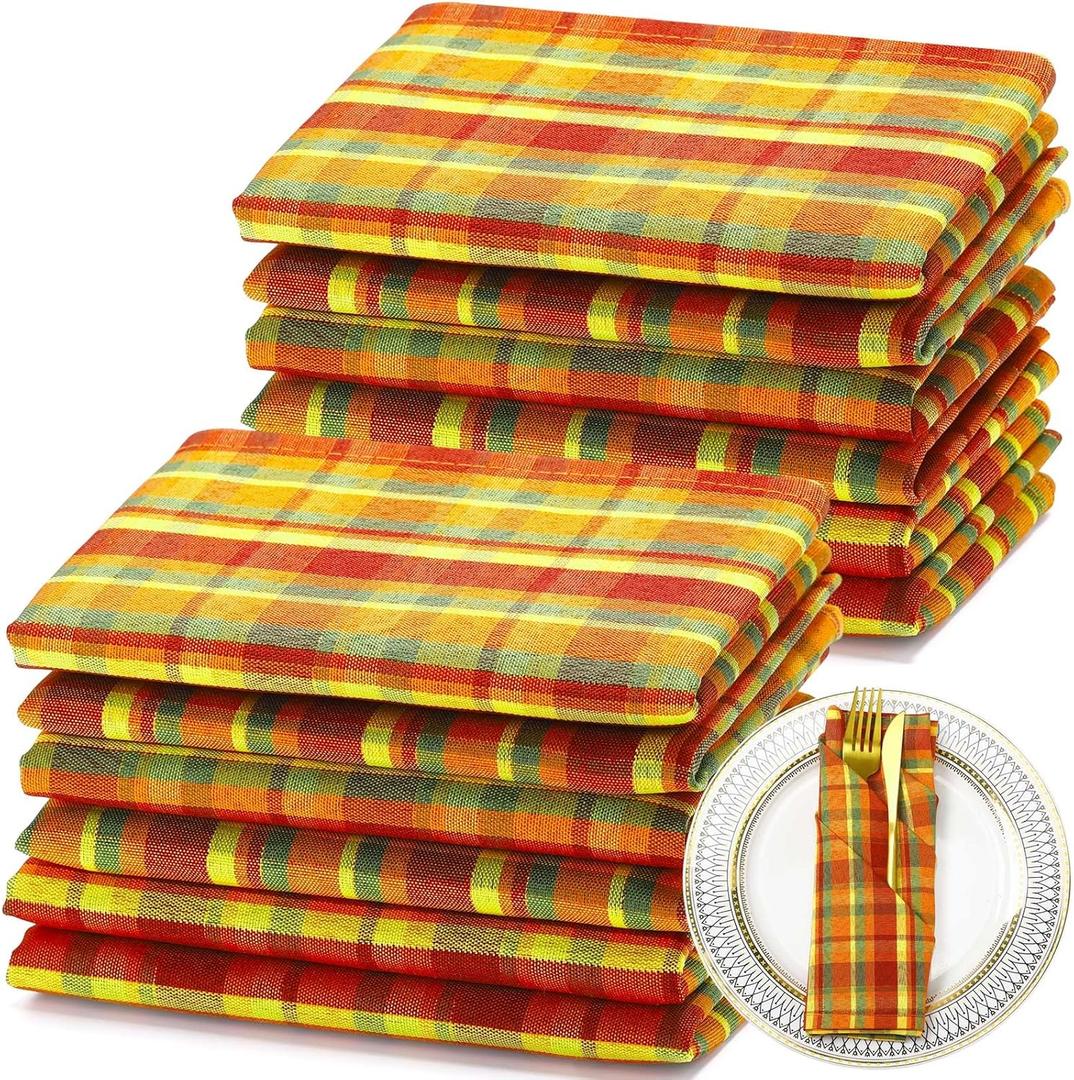 Tegeme Set of 12 Fall Gingham Cloth Napkins 18 x 18 Inches Checkered Plaid Dinner Napkins Washable Polyester Fiber Stain Resistant for Autumn Harvest Thanksgiving