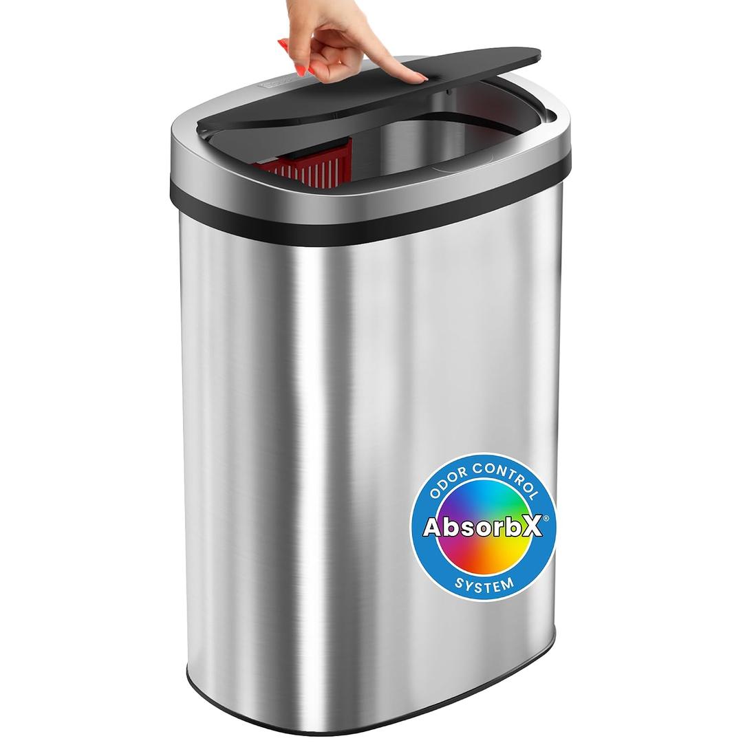 iTouchless Push-Top Lid 13 Gallon Trash Can with Odor Control System Stainless Steel Garbage Bin, Press-Top, Soft-Close Spring Lid, Fingerprint-Resistant for Kitchen, Bathroom, Home Office, Restroom