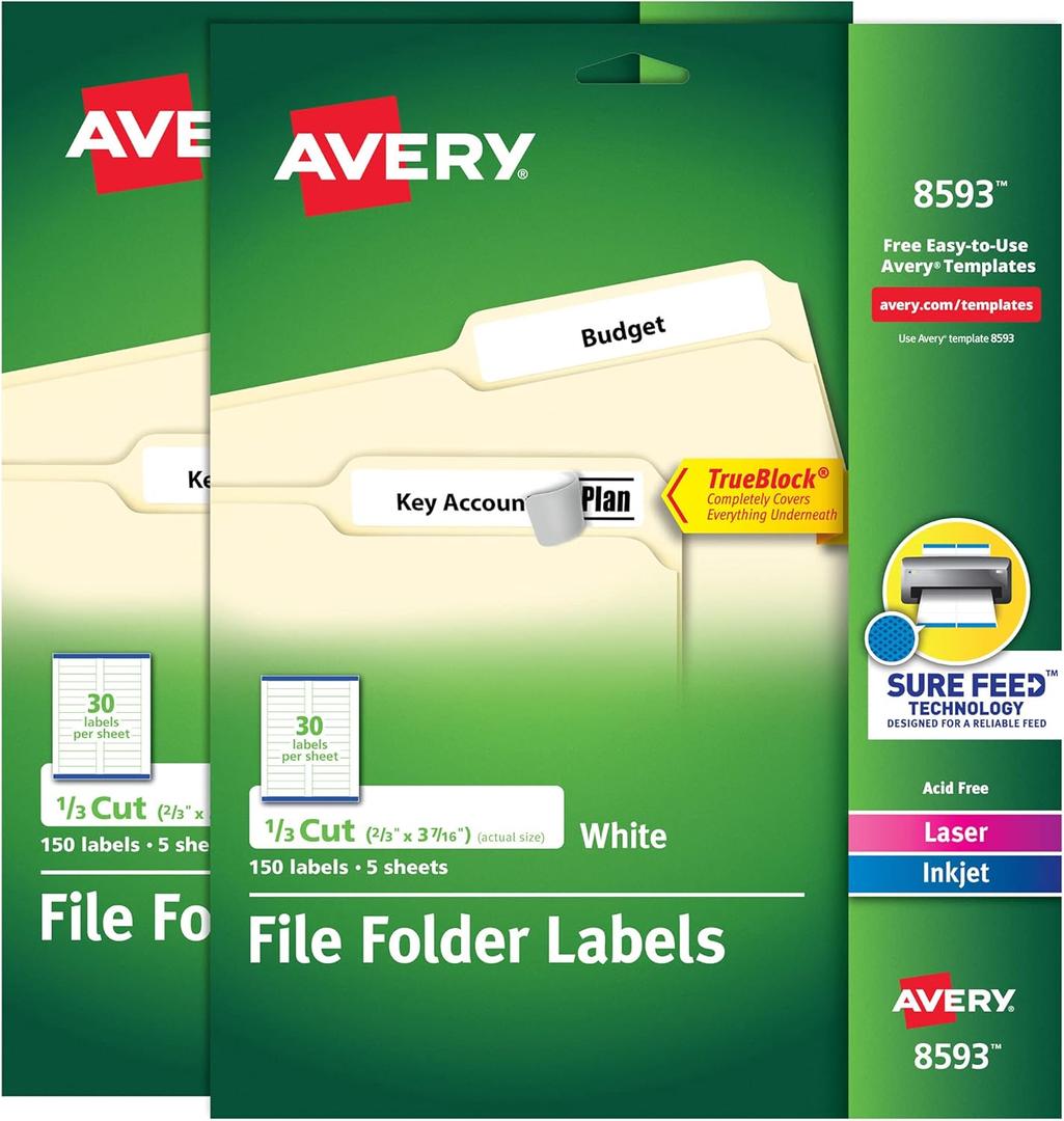 Avery File Folder Labels with TrueBlock Technology, Permanent Adhesive, 2/3" x 3-7/16", Laser/Inkjet, 2-Pack, 300 Labels Total (28593)