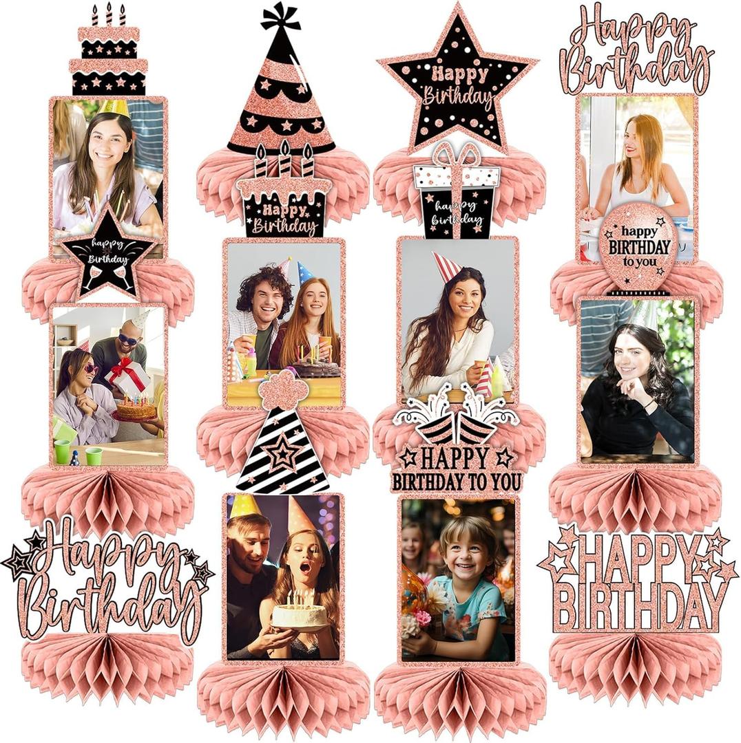 ZOiiWA 12PCS Rose Gold Birthday Decorations for Women Girls Happy Birthday Photo Honeycomb Centerpiece Black Rose Gold Photo Table Centerpiece Party Supplies 16th 30th 40th 50th 60th Bday Table Topper