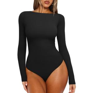 REORIA Women's Boat Neck Long Sleeve Bodysuit Basic Going Out Body Suits Tops 2025 (Black)