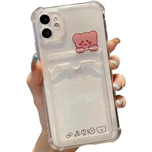 Casechics Compatible with iPhone Case,Cute Kawaii Cartoon Bunny Bear Clear Credit Card Slot Holder Wallet Transparent Corner Protection Soft Shockproof Cover Phone Case (Bear,iPhone 15 Pro)