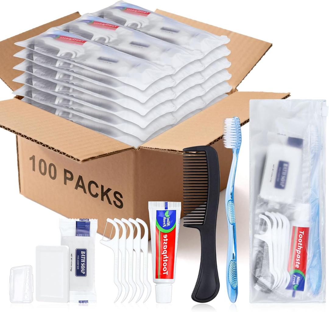 100 Sets Personal Hygiene Kit Basic Toiletry Kits Homeless Supplies Bulk for Women,Men,Travel,Charity,Business Include 100 Toothbrush,100 Toothpaste,100 Comb,100 Bath Soap,500 Floss Pick