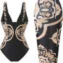 SherryDC One Piece Swimsuit with Cover up Wrap Skirt Sarong Floral Print Plunge V Neck Bathing Suit for Women (L)