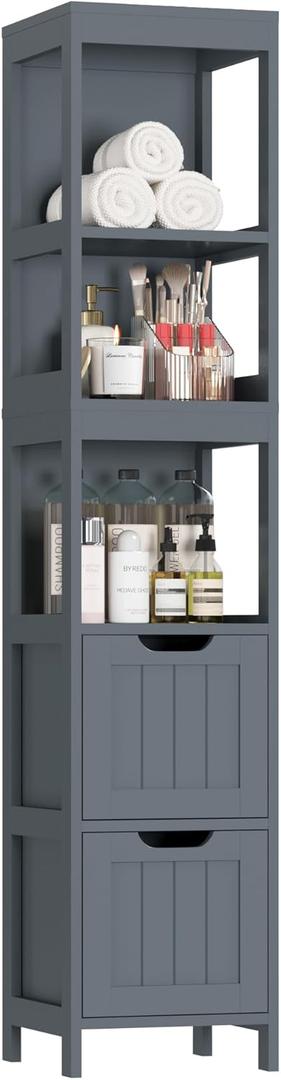 HOMEFORT Bathroom Storage Cabinet, Slim Tall Cabinet, Narrow Floor Cabinet Organizer, Wooden Linen Tower with 2 Drawers and 3 Shelves, Freestanding Storage Cupboard Grey (11.8"D x 11.8"W x 57"H)