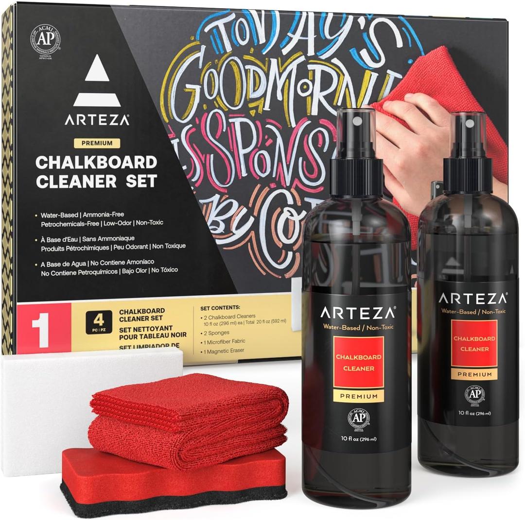 Arteza Chalkboard Cleaner Set with 2 Cleaners, 10-Ounces Each, 1 Microfiber Fabric Towel, 2 Magic Sponges & 1 Magnetic Eraser, Office Supplies for Chalkboards, Blackboards & Glass Surfaces
