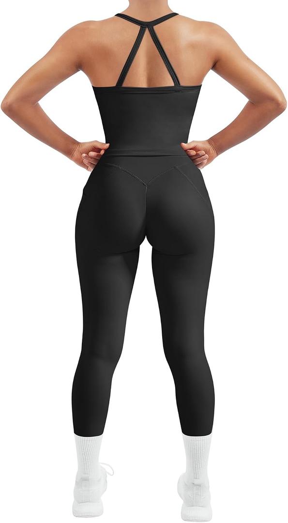 SUUKSESS Women 2 Piece Workout Sets Compression Tummy Control Leggings with Pockets Halter Built in Bra Tank Tops (Black, L)