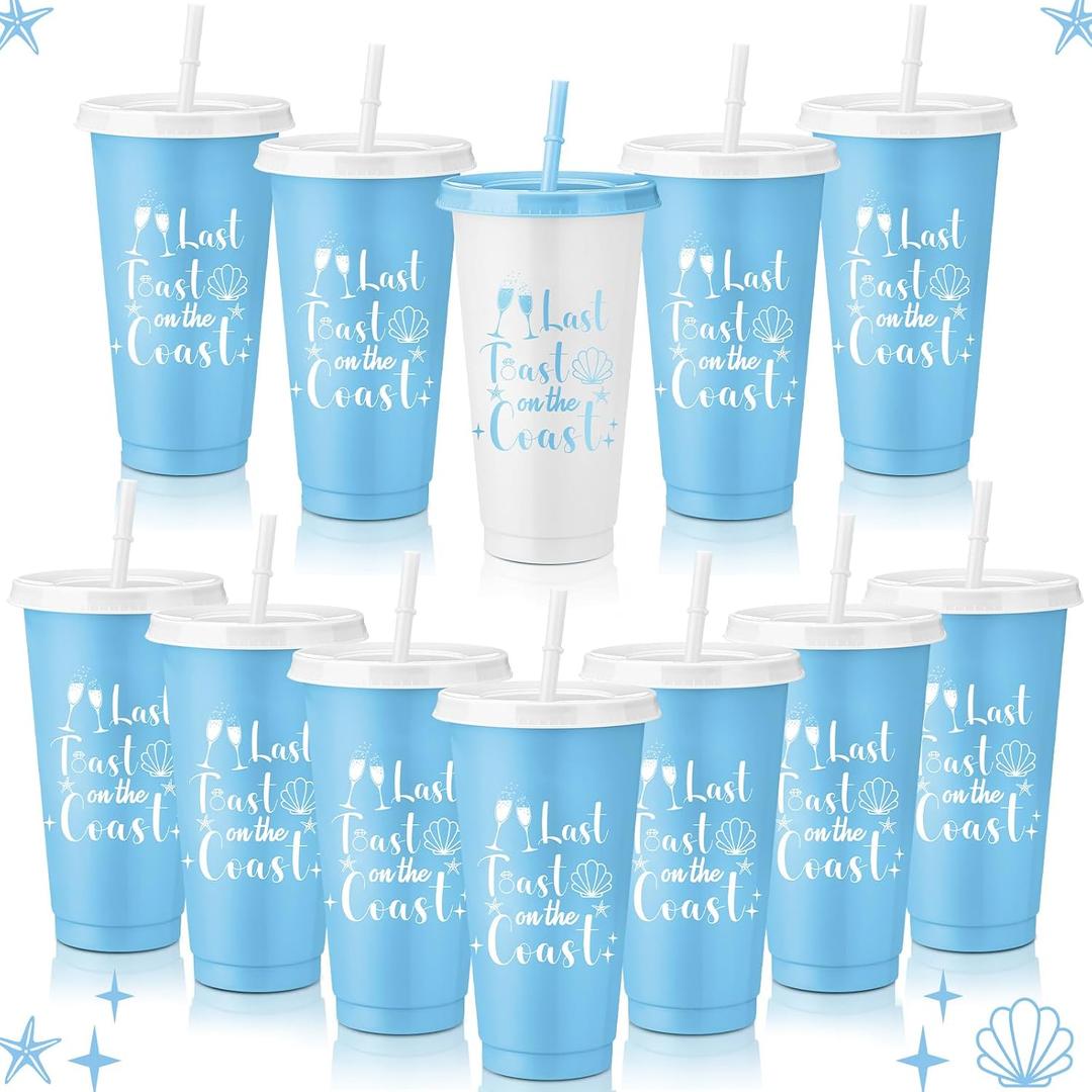 Domensi 12 Pcs Last Toast on The Coast Bachelorette Party 24 oz Plastic Cups with Lids and Straws Blue Coastal Bachelorette Cold Beverage Drinking Cup for Beach Wedding Bridal Shower