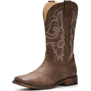 IUV Cowboy Boots For Women Square Toe Wide Western Boots Mid Calf Cowgirl Boots Pull On Fashion Embroidered Cowboy Boots (11, Coffee)