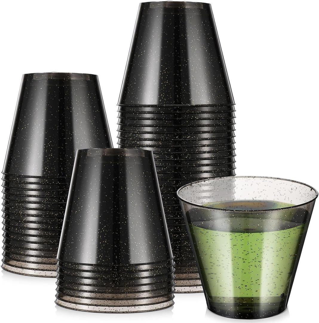 Baderke 100 Pcs Plastic Party Cups Glitter Plastic Cups Disposable Clear Cocktail Containers for Outdoor Birthday, Wedding, Christmas Thanksgiving Parties (Black,9 oz)