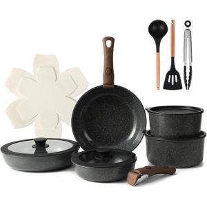 15PCS Ceramic Cookware Sets Detachable Handle Pots and Pans Set Non Stick (Black)