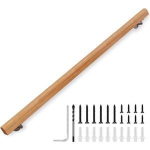 4FT Solid Wood Stair Handrail for Indoor Stairs, Outdoors Stair Railings, Sturdy Wall Mounted Non-Slip Safety Design, Elderly-Friendly & Child-Safe, with Adjustable Angle Brackets