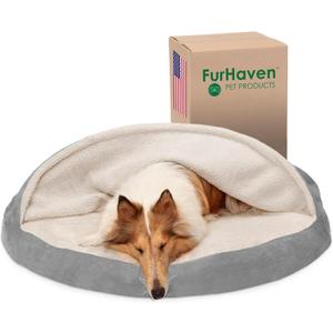 Furhaven 44" Round Orthopedic Dog Bed for Large Dogs w/ Removable Washable Cover, For Dogs Up to 80 lbs - Sherpa & Suede Snuggery - Gray, 44-inch (44.0"L x 44.0"W x 3.0"Th, Faux Lambswool & Suede Gray)