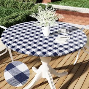 Smiry Round Picnic Tablecloth, Elastic Waterproof Fitted Vinyl Tablecloths for 31"-35" Tables, Flannel Backed Buffalo Plaid Table Cover for Dining, Camping, Outdoor, White and Navy
